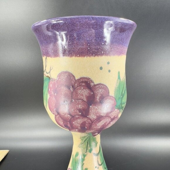 Studio Art Pottery Hand Made Goblets Drinking Wine Glasses Signed Purple Grapes - Picture 12 of 16